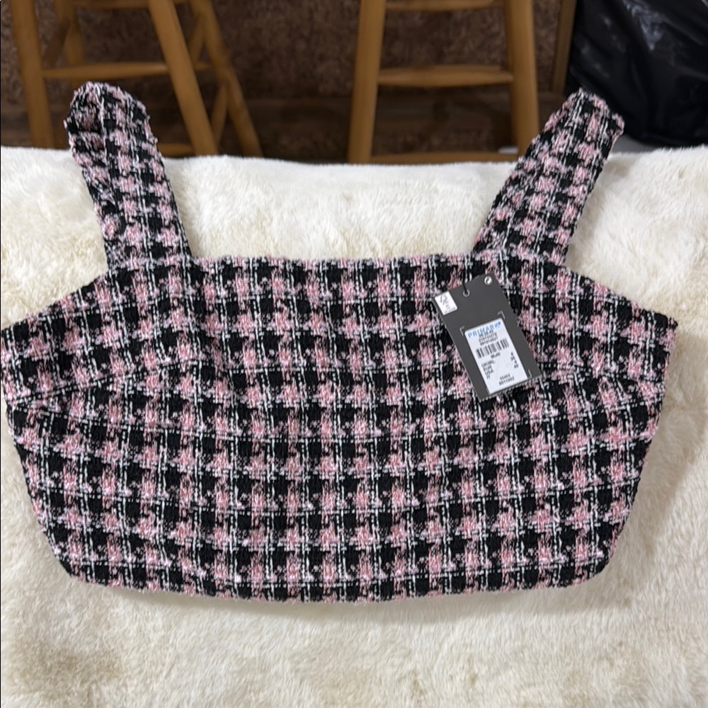 Plaid Tweed Crop Top - Pink and Black